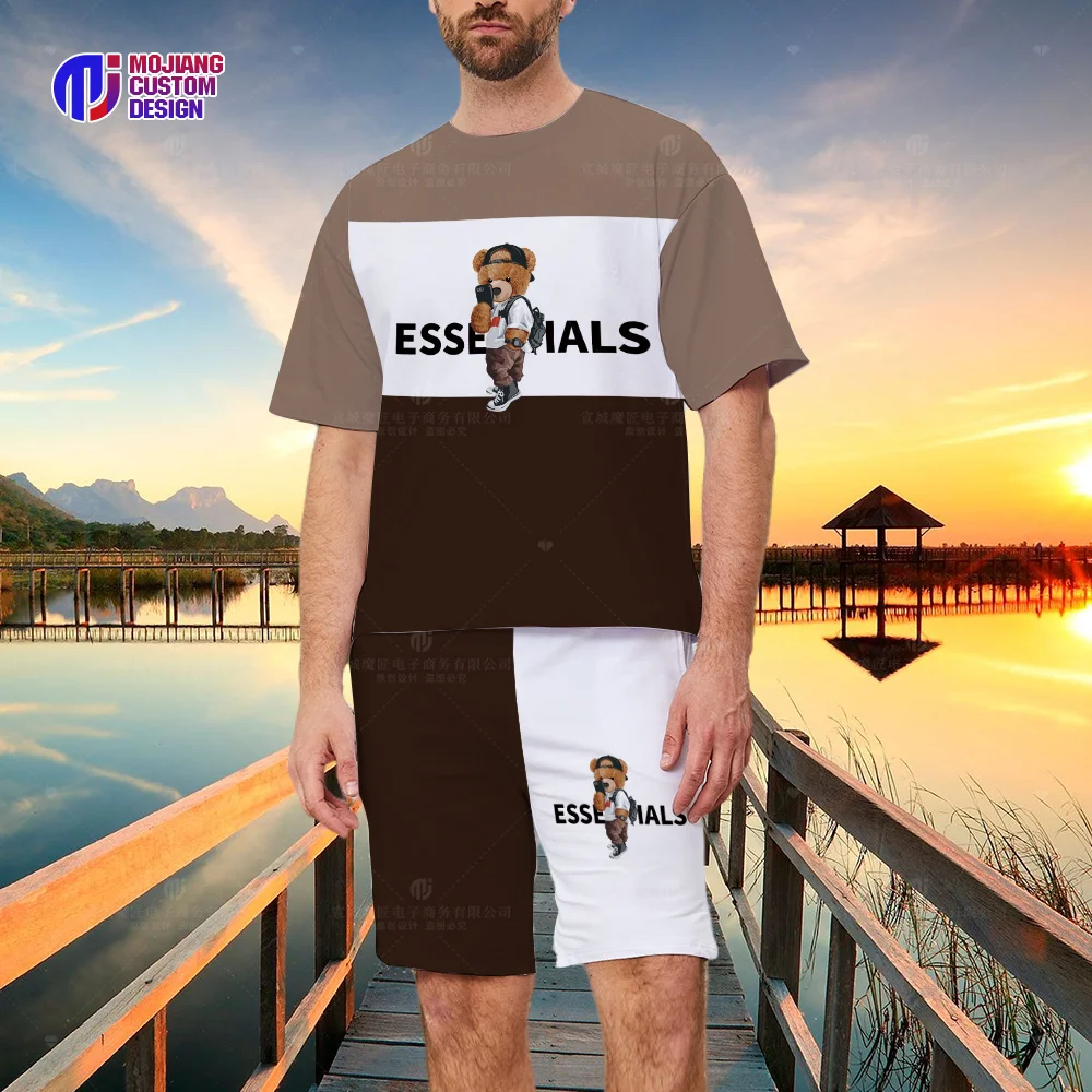 2023 Summer Colorblock T-Shirt and Shorts Set Luxury Brand Short Sleeve Men's Brand Bear Print Top T-Shirt Set of 2