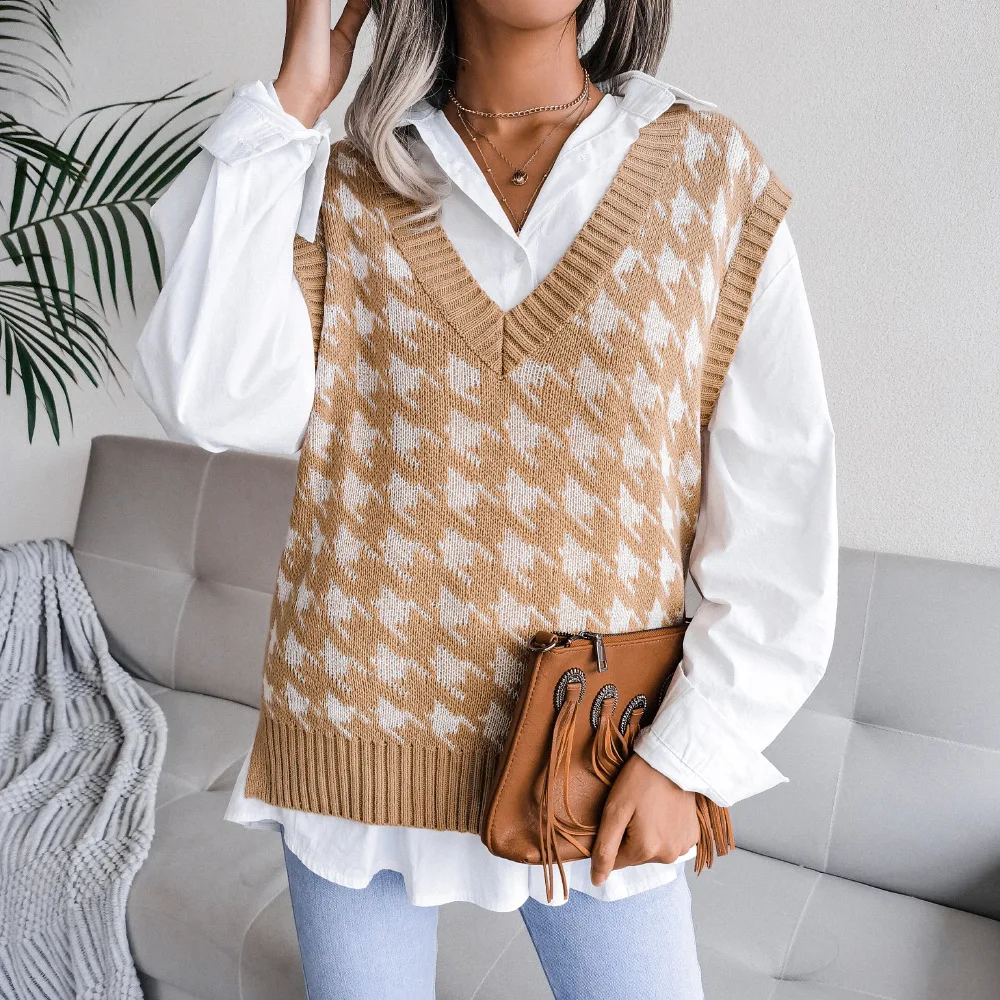 

2023 Autumn Women Houndstooth Vest for Women Fashion Casual V-neck knitted Waistcoat Office Lady Sleeveless Tops Pullovers Khaki