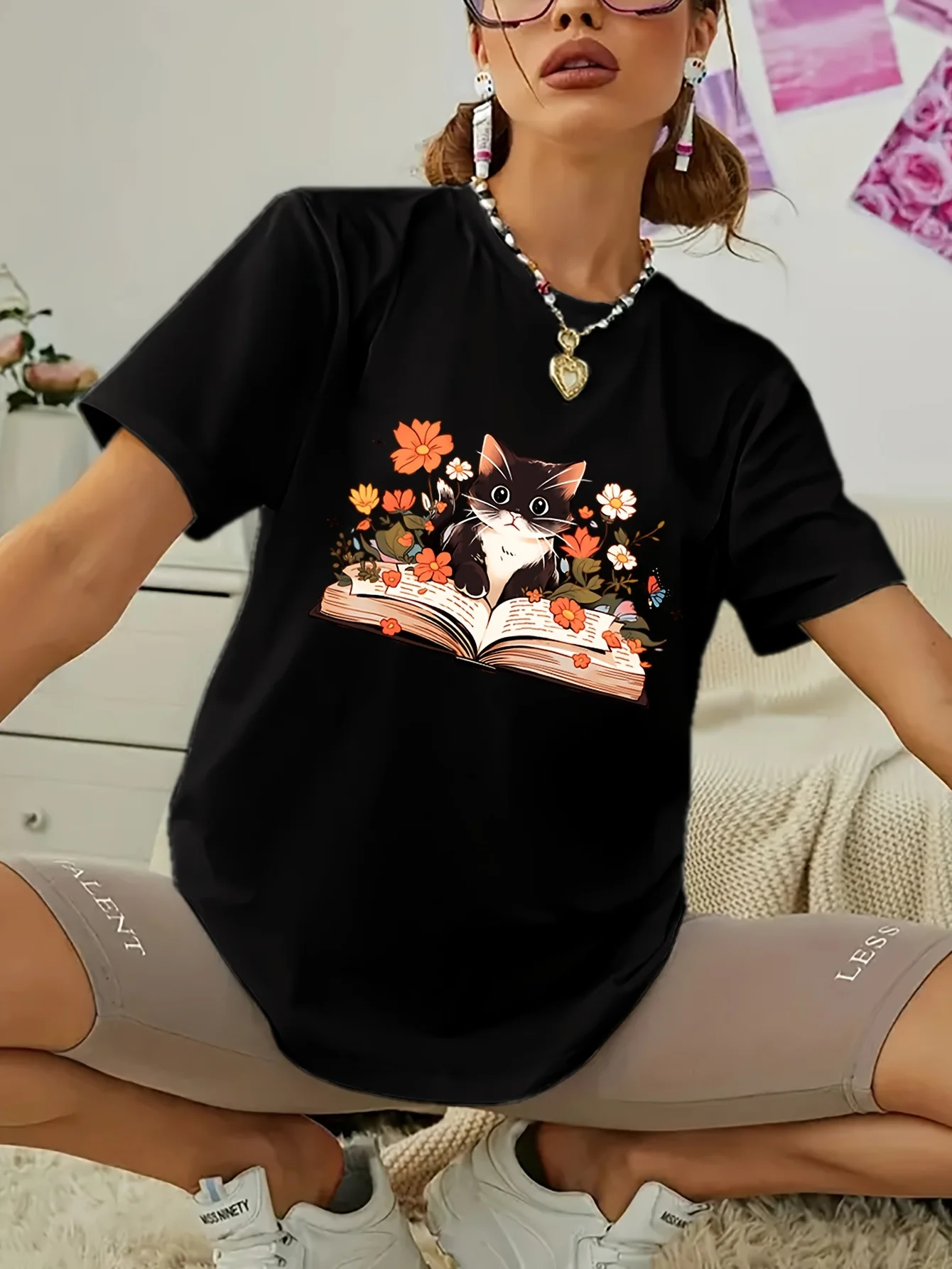 Женская Повседневная Футболка С Круглым Вырезом И Цветочным Принтом Вязаный