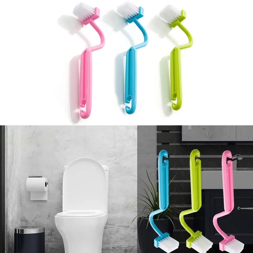 

3pc Double Head Plastic Toilet Brush Curved Bathroom Cleaning Scrubber Bending Thicken Handle Corner Brush PP Holder For Home