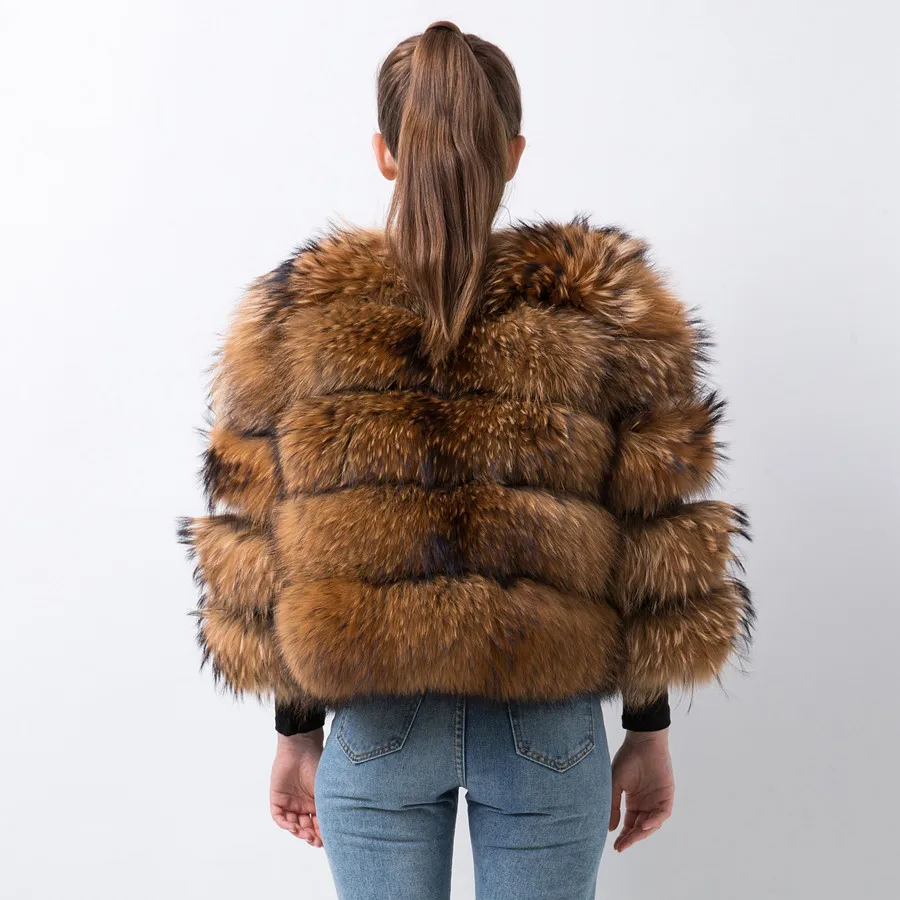 Women Fashion Solid Fur Short Coat Natural Raccoon Fur Jacket Ladies Thicken Warm Fur Overcoat Winter Cold-Resistant Simple