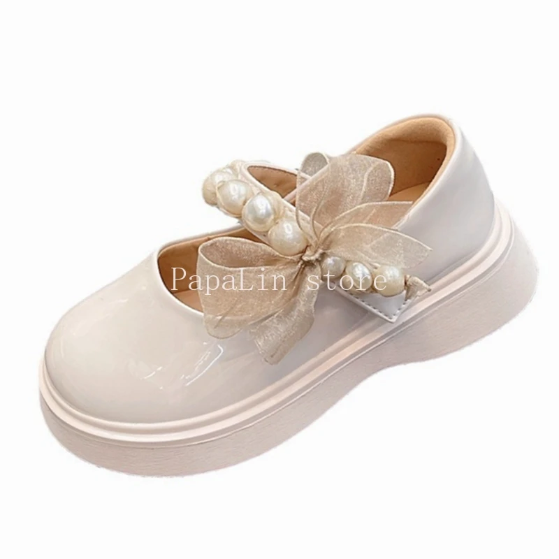 

13.5-22cm Brand Patent Leather Little Princess Dress Shoes For Party Wedding,Solid Pure Lace Bowtie Pearls Kids Girls Flats