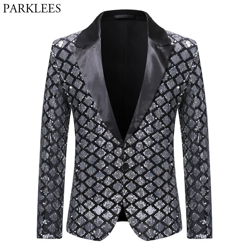 

Silver Sequin Plaid Blazer Jacket Men 2023 Fasion Slim FIt One Button Dress Suit Blazer Male Party Weddin Stae Costume omme