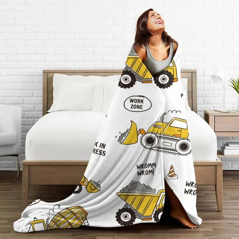 

Cartoon Truck Excavator Fleece Decoration Child Car Anime Plaid Breathable Warm Throw Blankets For Bed Couch Bedspread