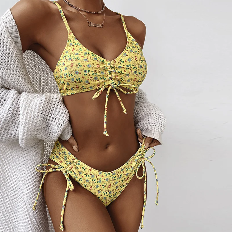 

Women's Two-Piece Bathing Suit, Flower Printing Spaghetti Straps Bikini Bra + Side Bandages Triangle Bathing Panties