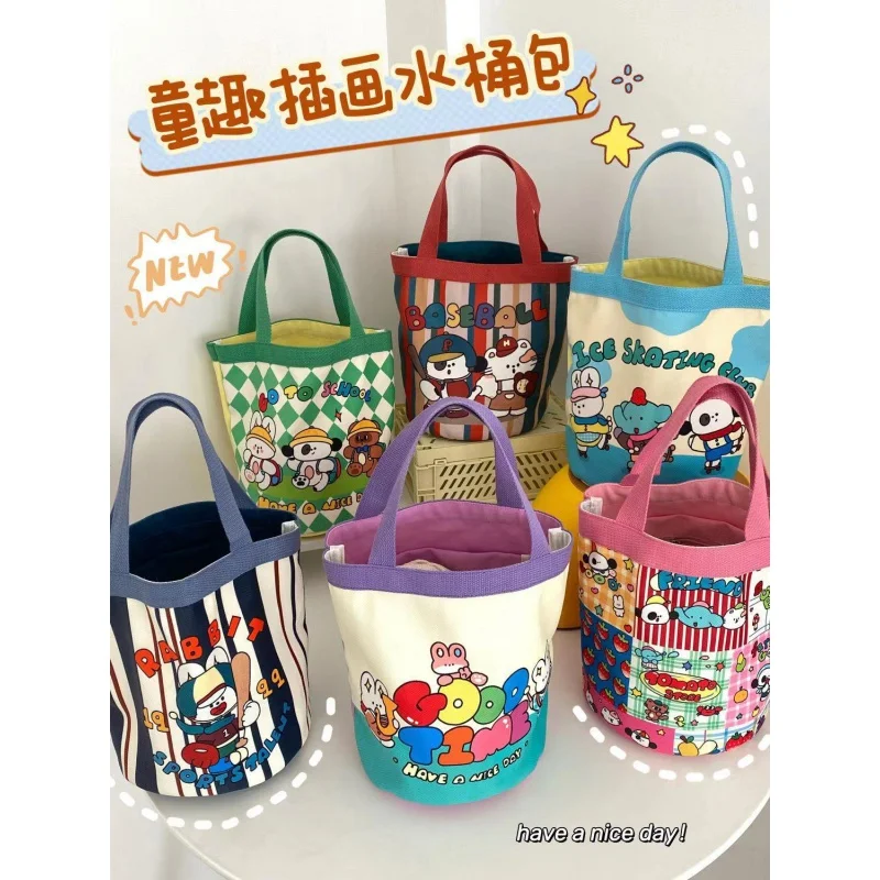 

Cute illustration bucket portable Korean style girl heart mommy lunch bag work small bag children's fun graffiti canvas bag