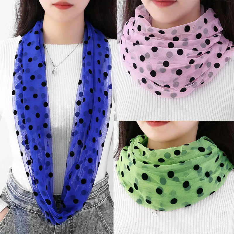 

Women's Dot Flocking Mesh Silk Scarf Summer Long Two Loop Hedging Pullover Neck Guard False Collar Lace Sunscreen Scarves T88