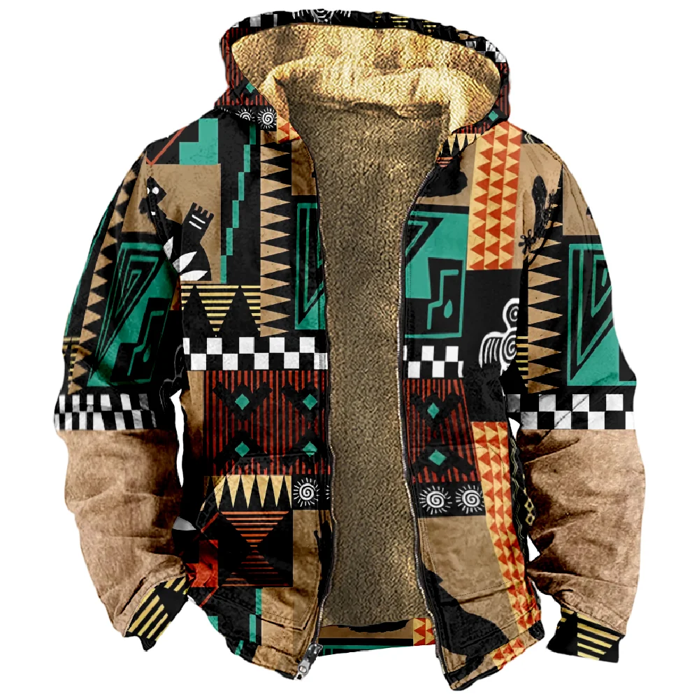 

2023 Men's Zipper Hoodies Winter Fleece Parka Coat Bohemia Bear Tribal Graphics Jacket Sweatshirts Outerwear Daily Hooded Zip-up