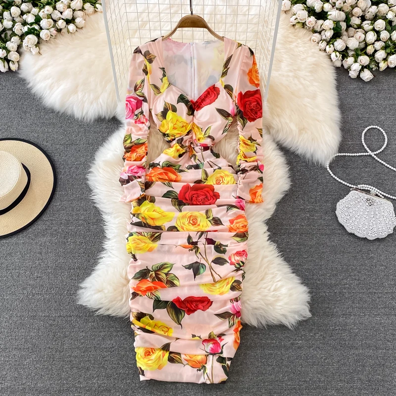 

Spring and Autumn Celebrity Temperament Square Neck Elastic Tight Slim Feminine Wrapped Hip Dress Fashion Dress Long Skirt