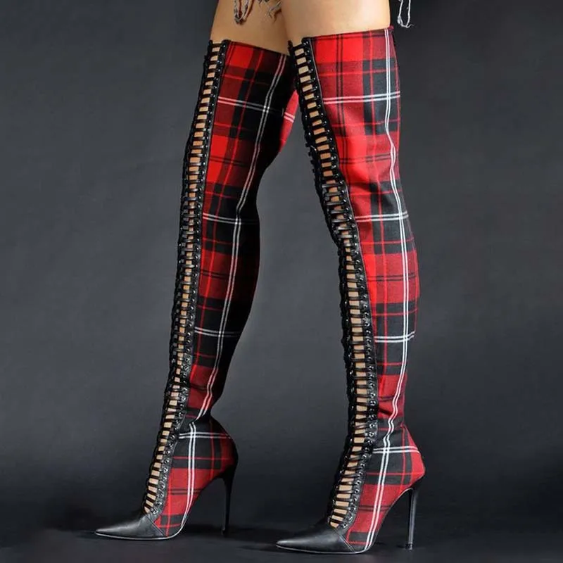 

Демисезонные клетчатые Сапоги выше колена разных цветов, привлекательные остроносые сценические сапоги на тонком каблуке для подиума, Жен...