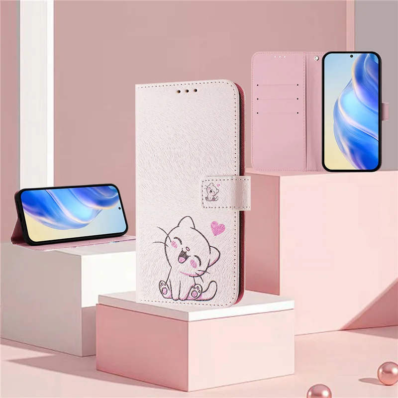 Фото Кожаный чехол-книжка для OnePlus One Plus 13 12 15 13R 13T 12R 11 15R 15T с кошельком, отделениями для карт и подставкой, с рисунком кошки, бабочки, цветов №2
