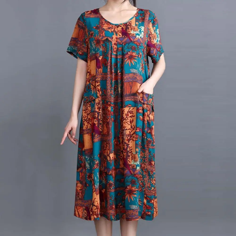 

Stylish Round Shape Pattern Lady Summer Dress Casual Dress Loose Hem Big Pockets