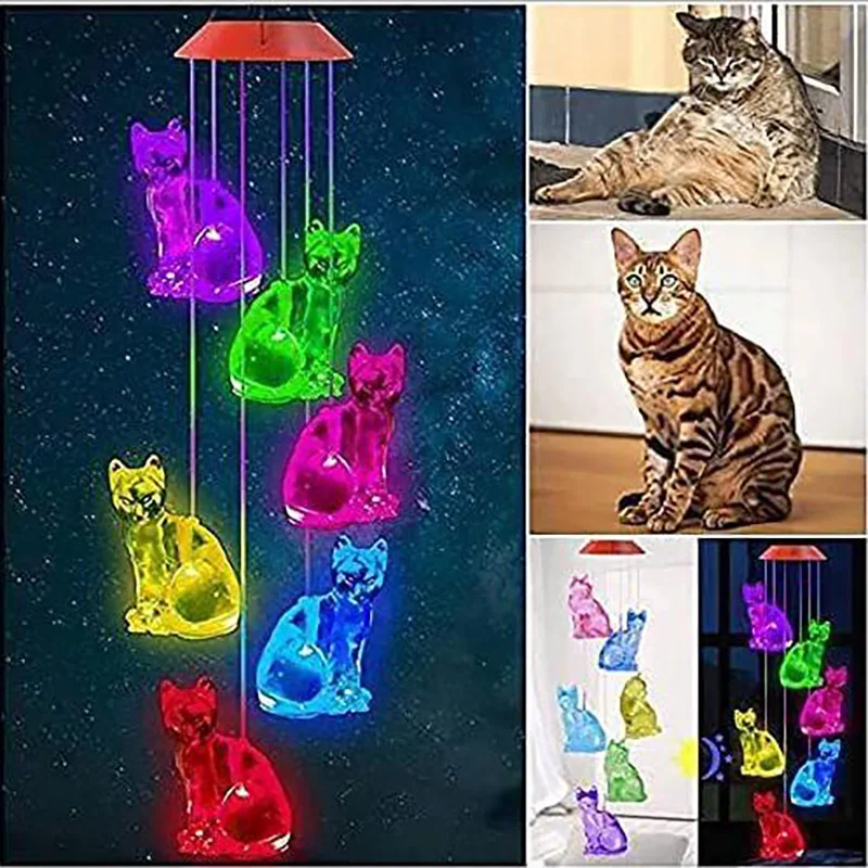 Colorful Cat Wind Chimes LED Solar Lights Hummingbird Butterfly Shape Outdoor Yard Garden Decor Window Porch Home Accessories