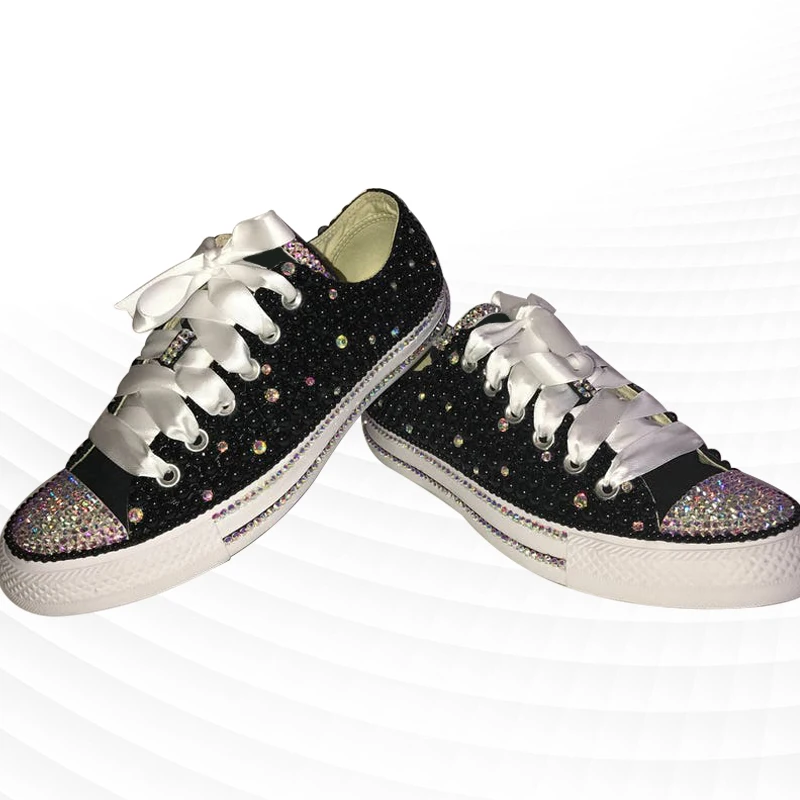 

Colorful rhinestone hand custom low top canvas shoes ribbon casual walking hundred match women's large size 35-46