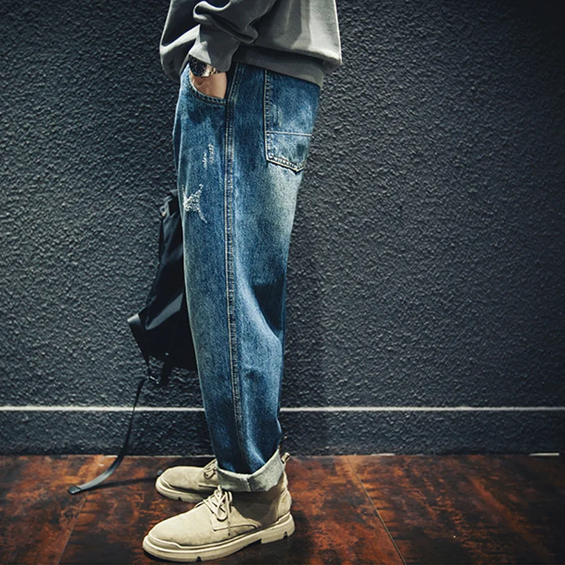 Streetwear Men 2022 New Pattern Vintage Recreational Blue Pants American Straight Cylinder Comfortable Loose Jeans Autumn Female