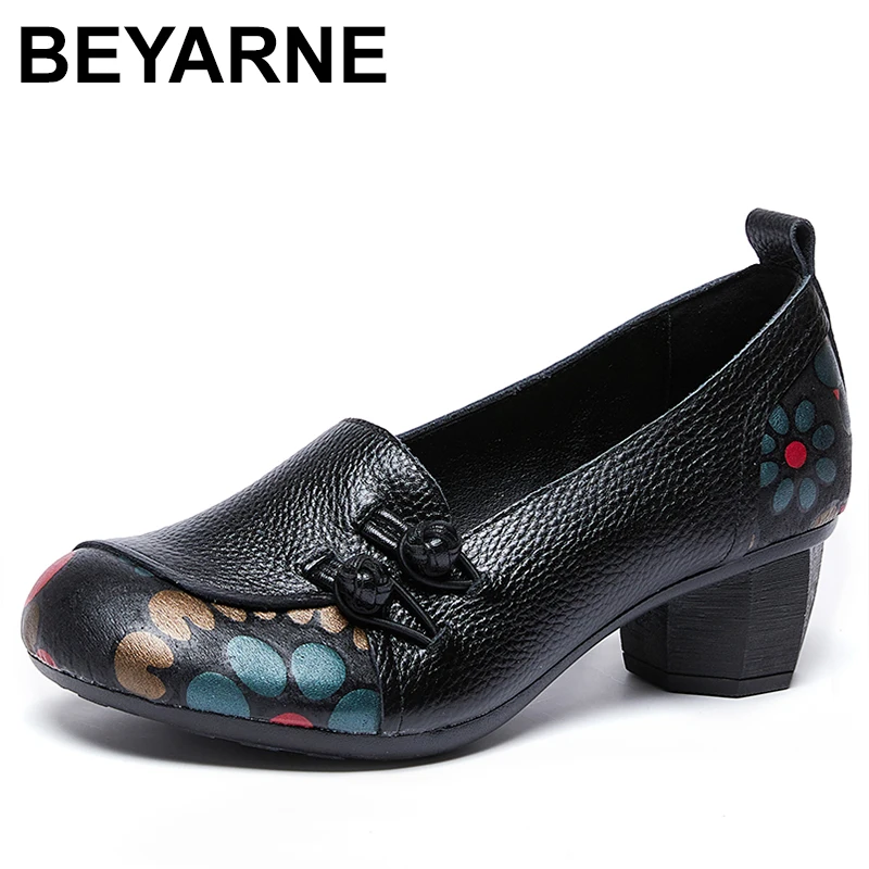 

5CM Natural Genuine Leather Chunky Heel Pumps Women Shoes Slip on Summer Ladies Round Toe Retro Print Ethnic Knot Females