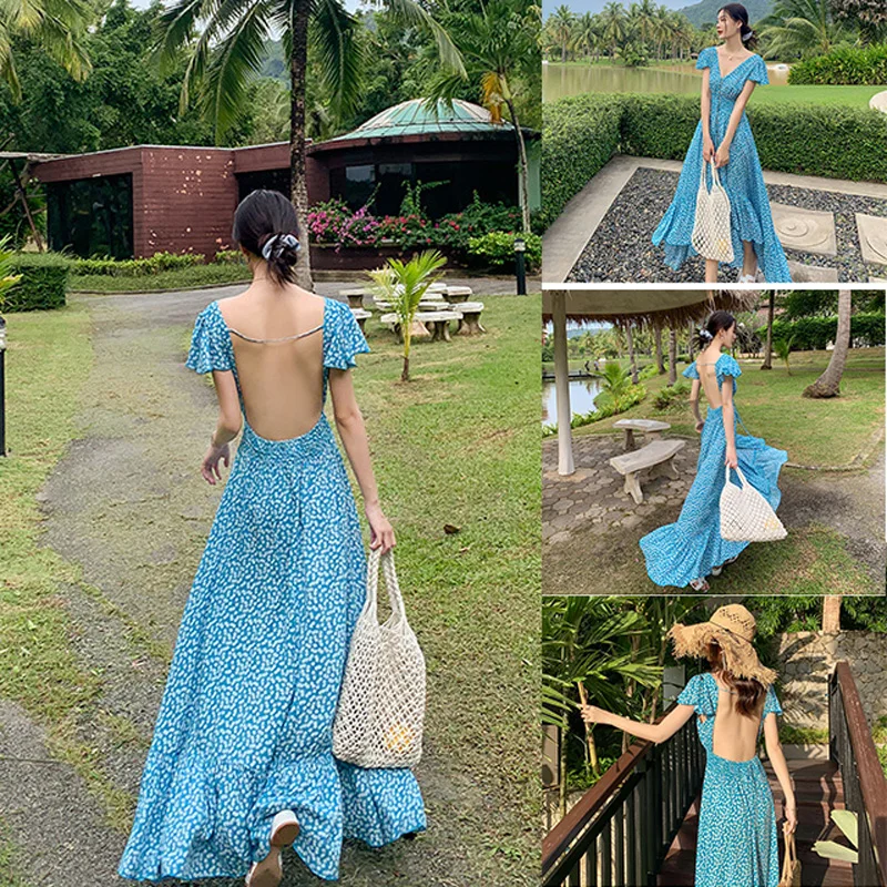 Женское летнее платье с богемным принтом светло-голубое женское V-образным