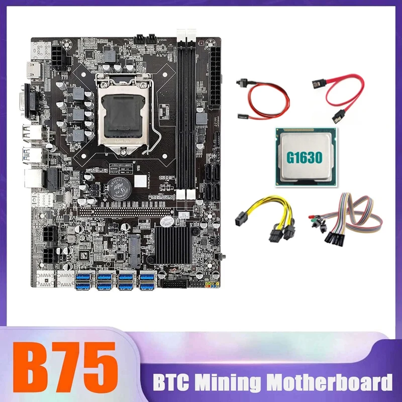 B75 BTC Miner Motherboard 8XUSB+G1630 CPU+Switch Cable+SATA Cable+6Pin To Dual 8Pin Cable+With Light Switch Cable