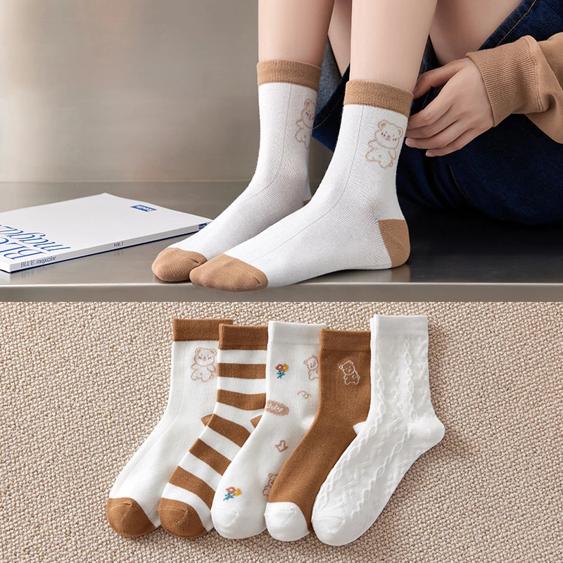 

5 пар/комплект, женские хлопковые носки с принтом