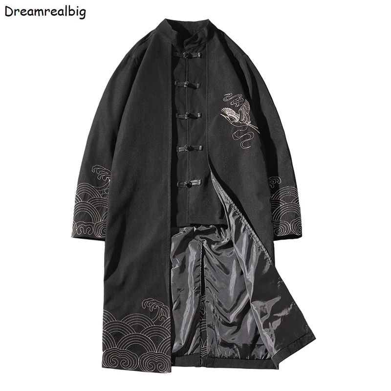 Crane & Sea Wave Embroidery Men Stand Collar Trench Coat 2022 Spring Autumn Chinese Style Single Breasted Mens Long Jacket Black