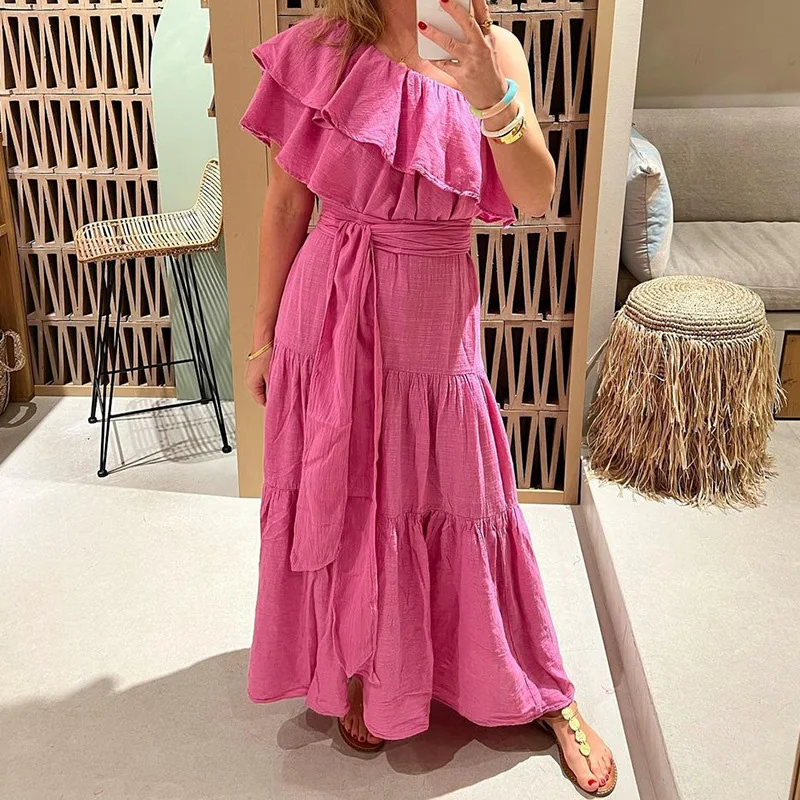

Elegant Ladies Skew Collar Pleated Bandage Long Dress Sexy Off Shoulder Layered Ruffles Party Dresses 2023 Summer Holiday Dress