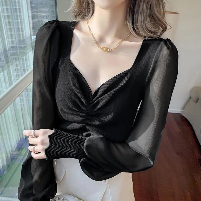 

Sexy V-Neck Skinny Solid Color Knitted Pullovers Spring Summer Fashion Mesh Patchwork Long Sleeve Folds Top Women's Clothing