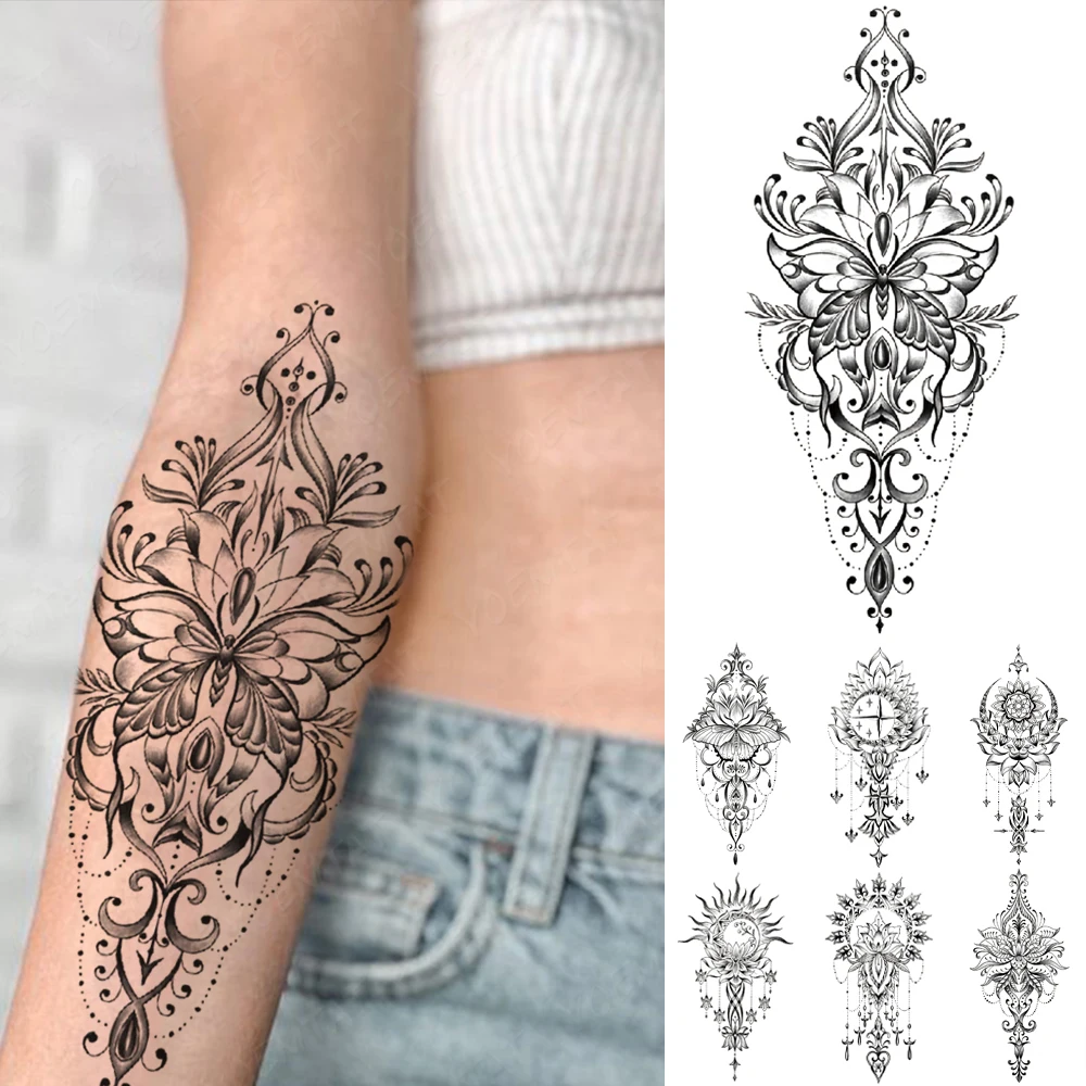 

Waterproof Temporary Tattoo Sticker Henna Mehndi Totem Flash Tatto Lotus Flowers Lace Hand Body Art Arm Fake Tatoo Men Women