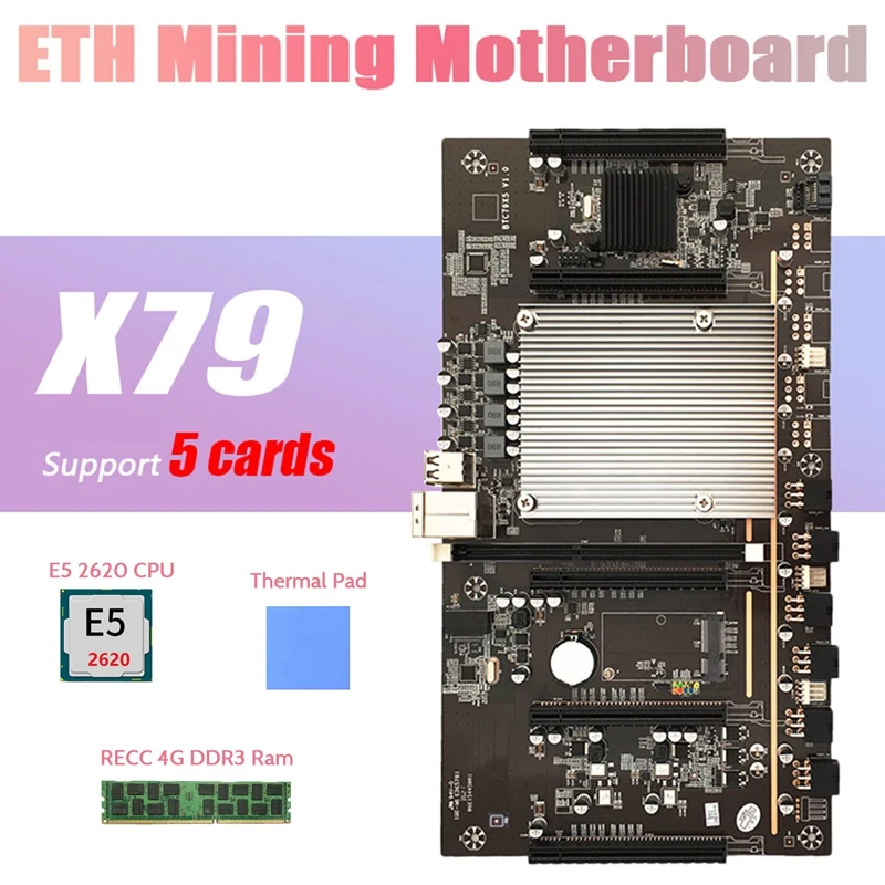 

X79 BTC Mining Motherboard H61 LGA 2011 DDR3+E5 2620 CPU+RECC 4G DDR3 RAM+Thermal Pad Support 3060 3080 Graphics Card