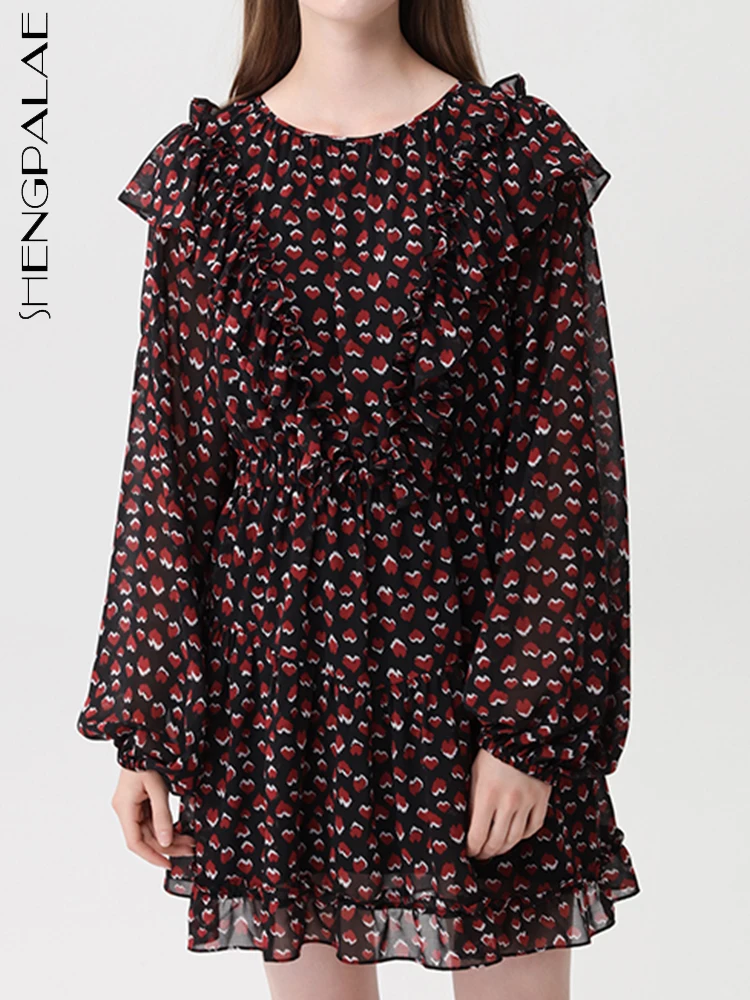 

SHENGPALAE Fashion Printed Dress For Women Chiffon O-neck Full Sleeve Patchwork Casual Mini Vestido Autumn 2023 New Tide 5R5513