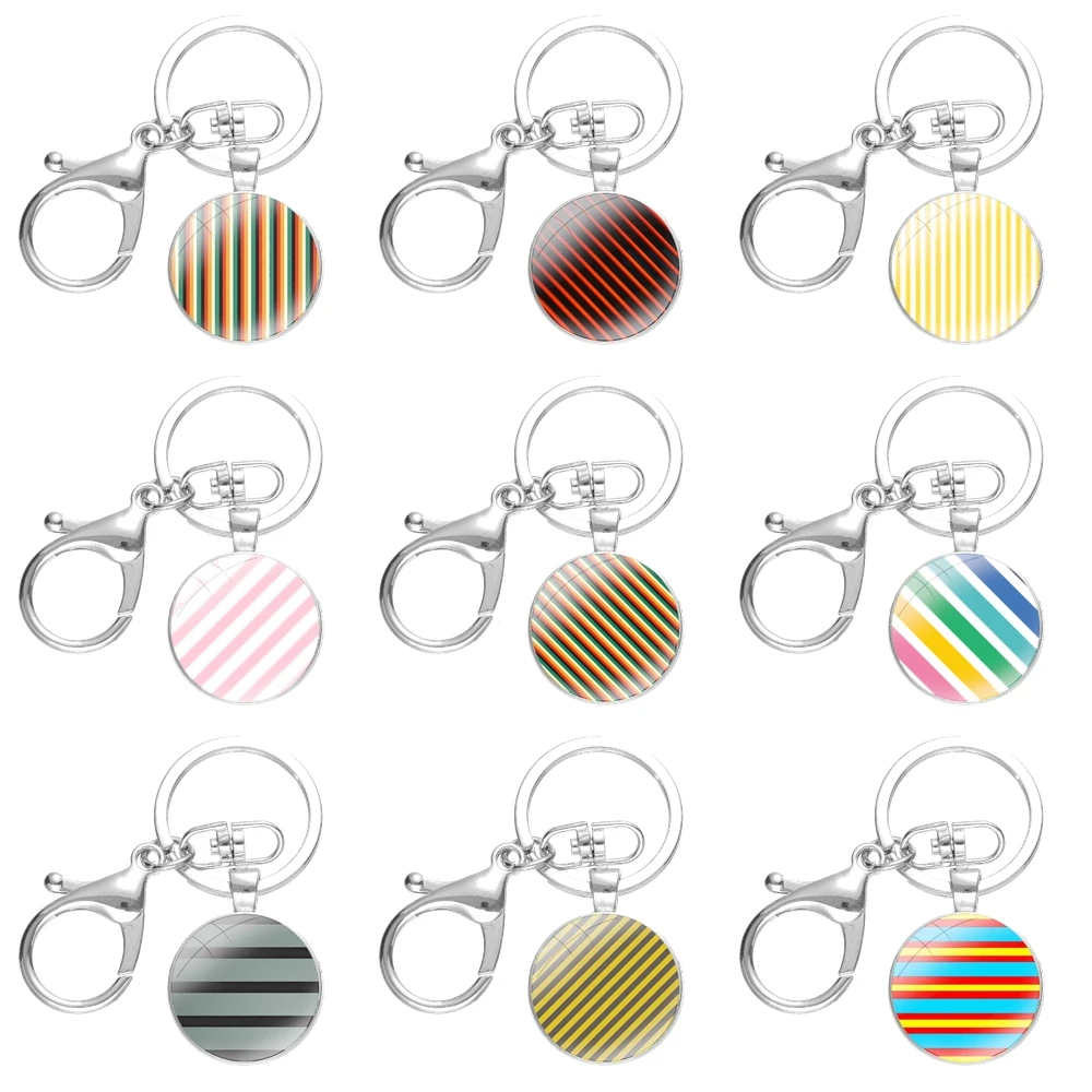 

Stripes Line Keychain Handmade Glass Cabochon Key Ring Holder Pendant Key Chains Fashion Design Creative Cartoon