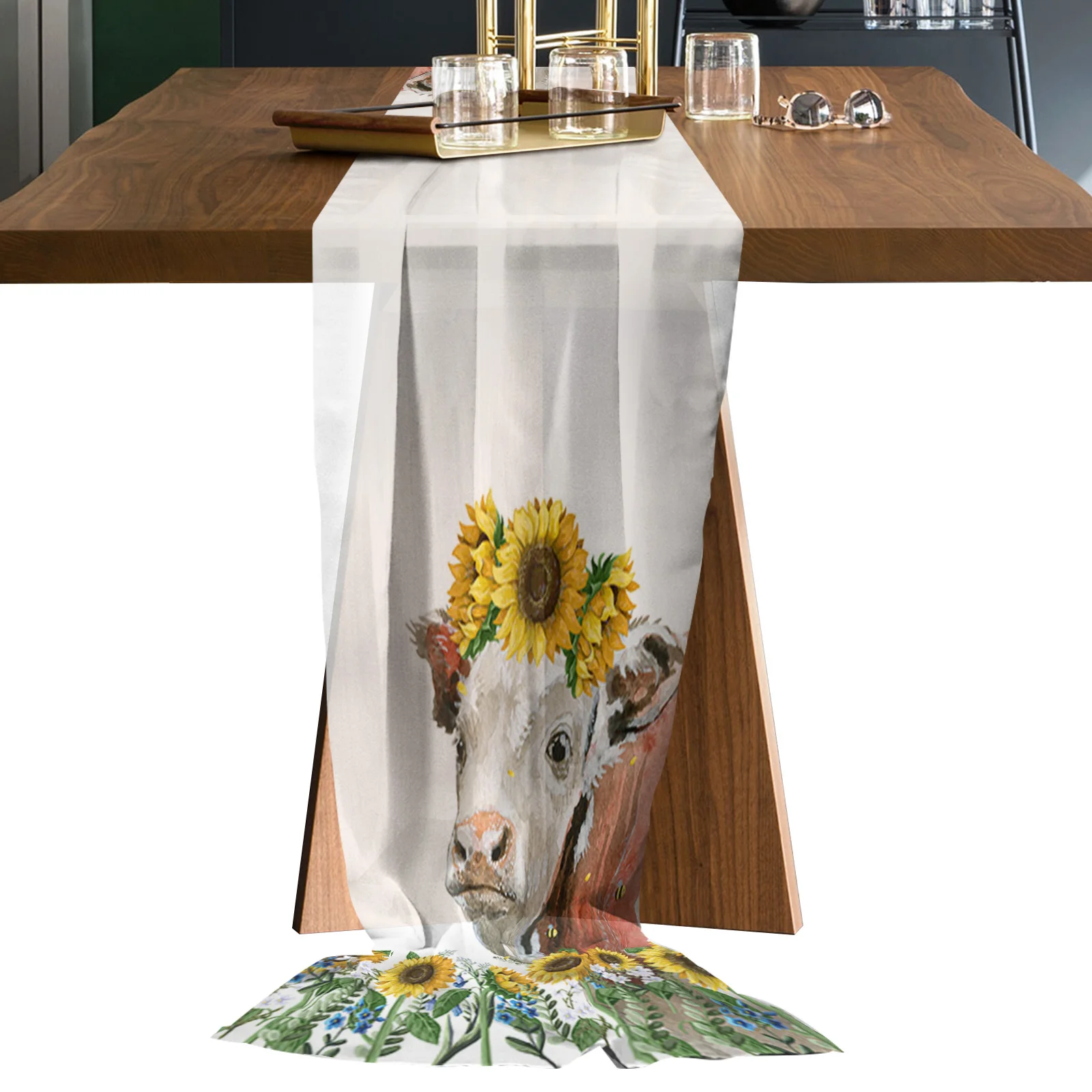 

Rustic Sunflower Cow Wedding Chiffon Table Runner Sheer Chiffon Fabric Tablecloth Cake Table Decor Romantic