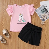 childrens suits summer small and medium girls short sleeved unicorn print t bow shorts 2 piece suit newborn baby girl clothes