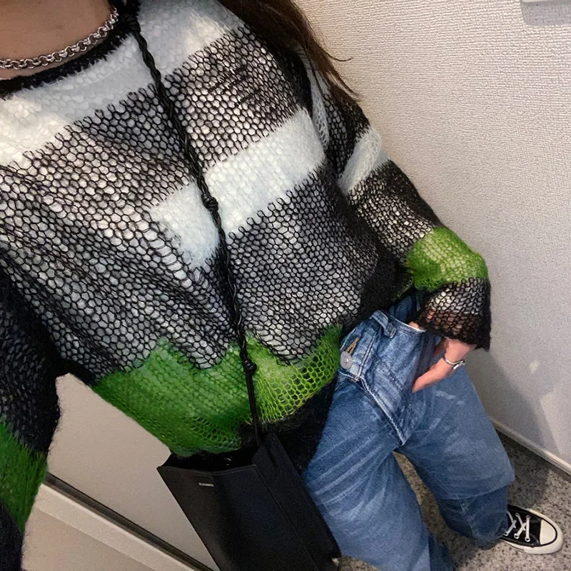 

Женские пуловеры, свитер с круглым вырезом, свободные вязаные топы, свитер с вырезами, уличная одежда, Женский пуловер y2k