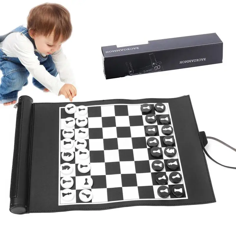 

Roll Up Chess PU Leather Folding Chess & Checkers Set 2 In 1 Portable Chess & Checkers Set Silicone Board Travels Easy For