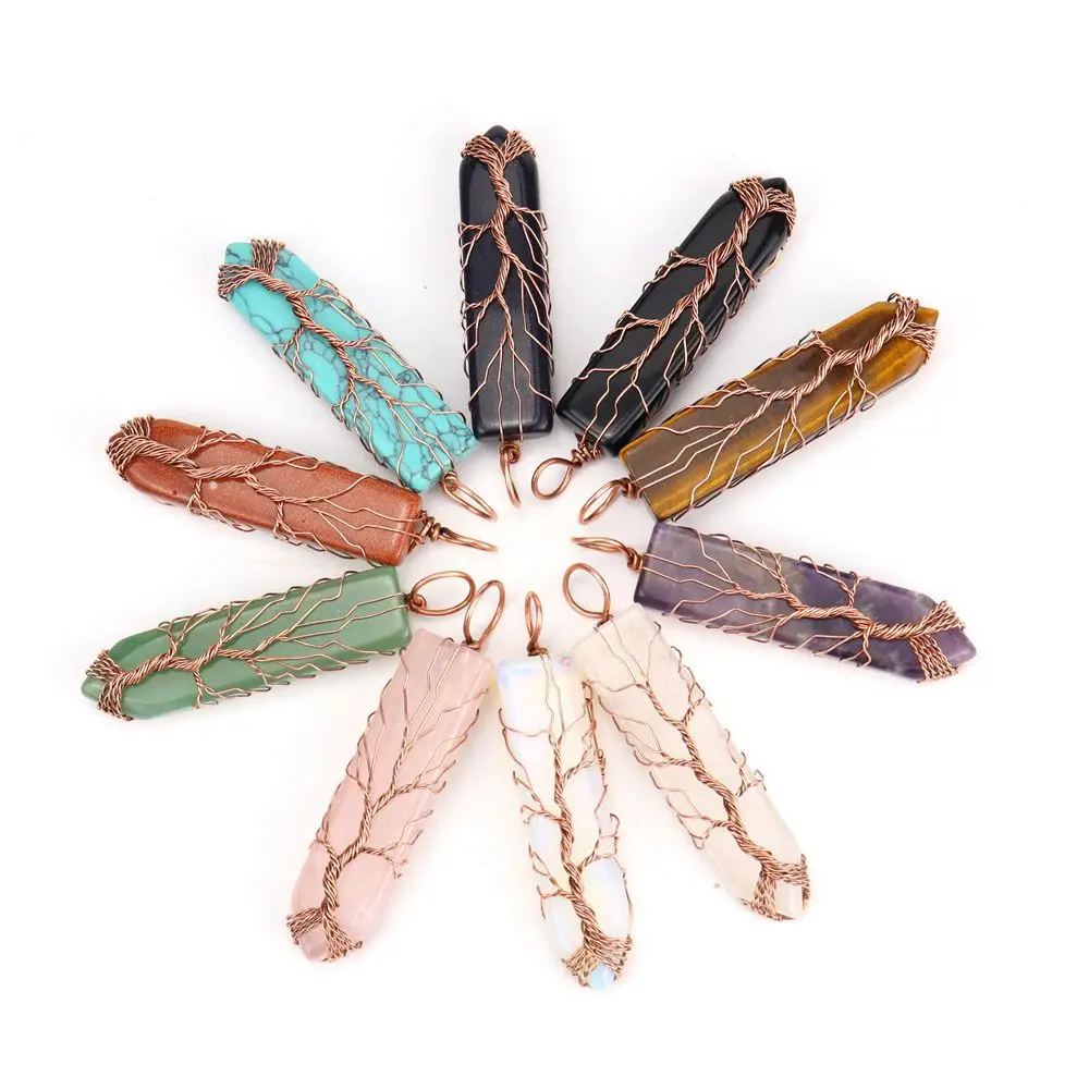 

Copper Wire Wrapped Sword Shape Tree Of Life Charms Natural Stone Pink Quartz Healing Crystal Amethyst Necklaces