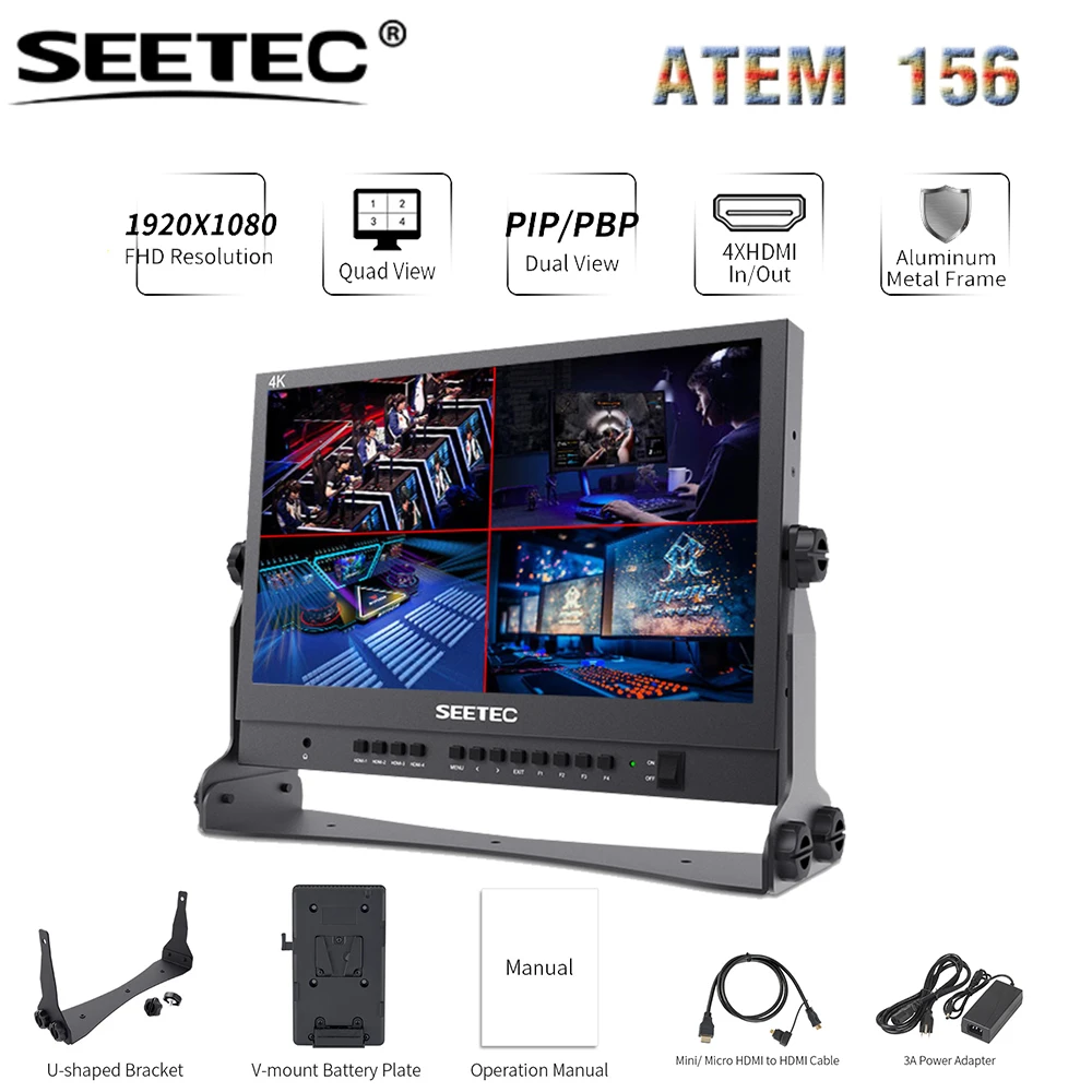 

SEETEC ATEM156 15.6 Inch Broadcast Director Monitor Live Streaming with 4 HDMI Input Output Quad Split Display for ATEM Mini