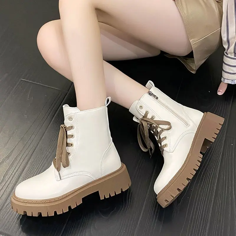 Boots for Wmen 2023 Spring Autumn Lady British Style Fashion Lace Up White Shoes Daily Joker Outside Wear Shoes Female