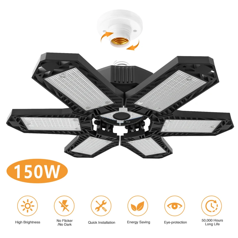 

150W LED Garage Light Deformation Folding Lamp High Bay Lamp Indoor For Garage Workshop Adjustable Gym Theaters Decor Lightings