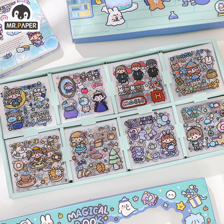 Mr.paper 200Pcs/Box Kawaii Character Sticker Gift Box Cute Cartoon Girl Hand Account DIY Decoration Stationery Stickers