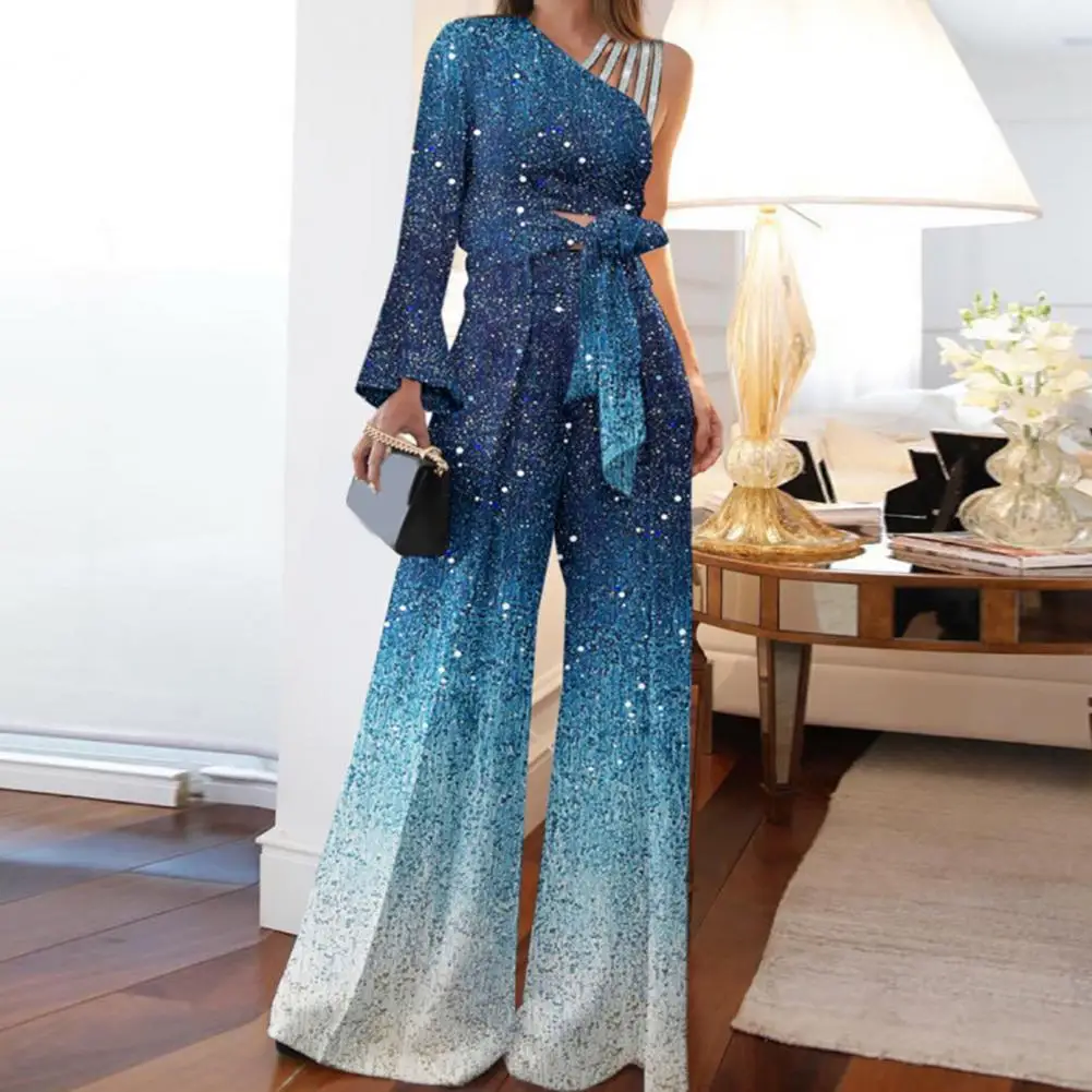 

Comfy 2Pcs/Set Stylish Glitter Patchwork Blouse Pants Set All Match Top Pants Set Hollow for Daily Wear