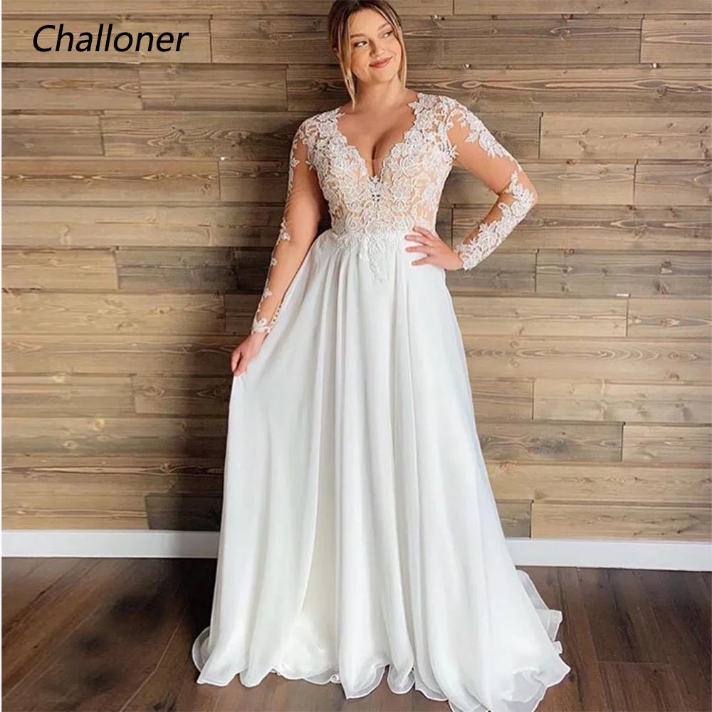 

Challoner Plus Size A-Line Wedding Dress V-Neck Lace Appliques Illusion Button Chiffon Bridal Gowns Floor Length Robe De Mariée