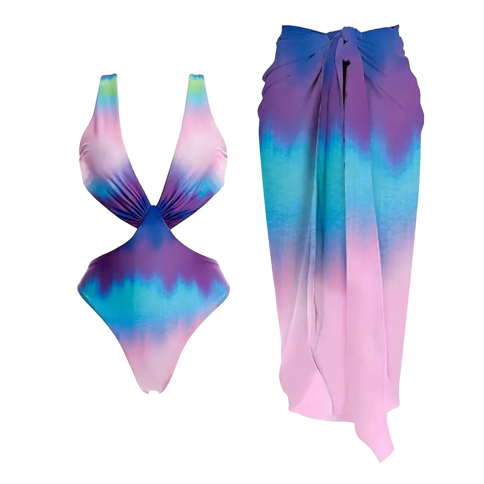 

Ladies Deep V Neck Bright Gradient Stripe Printed Swimsuit