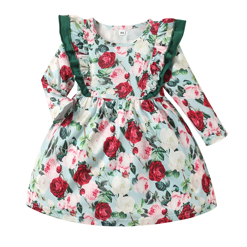 

Baby Girls Fall Dress, Flower Print O-Neck Ruffled Long Sleeve for Toddlers, 0-24 Months, Green
