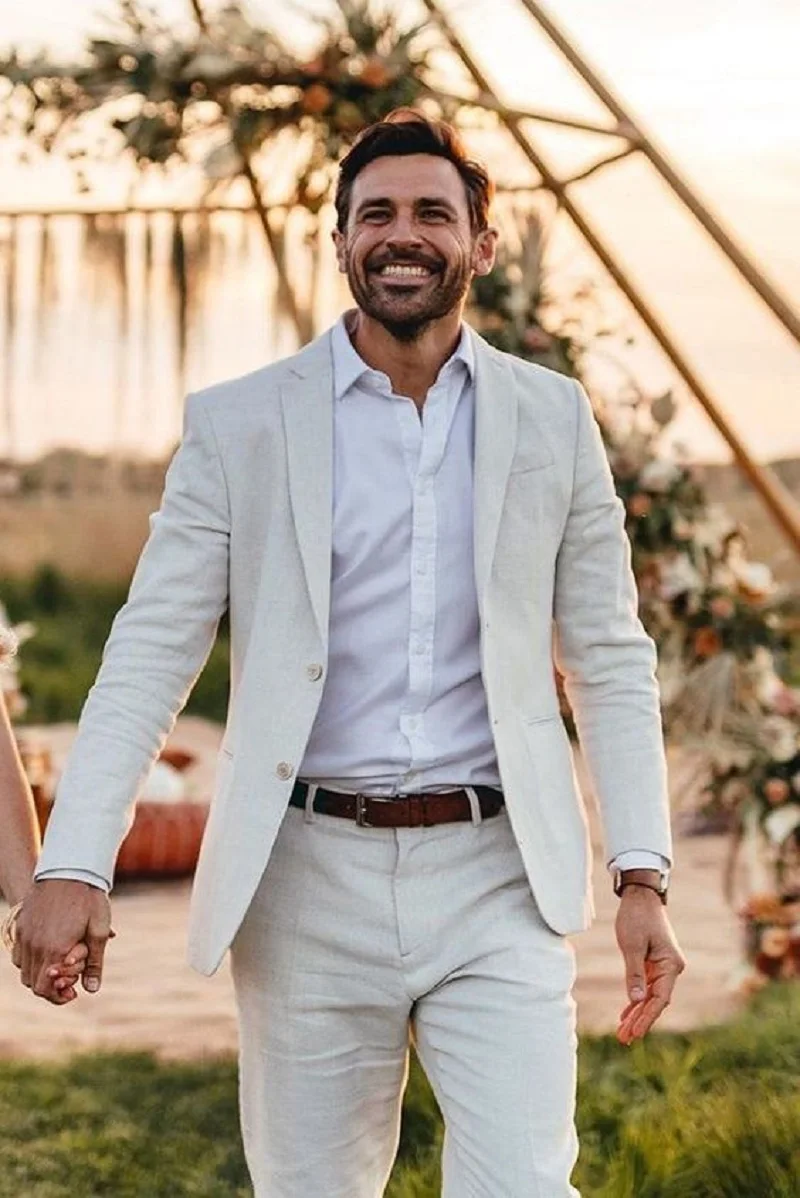 

2022 Latest Design Summer Ivory Linen Suits For Beach Wedding Groomsman 2 Piece Best Man Casual Slim Male Blazer Costume Made