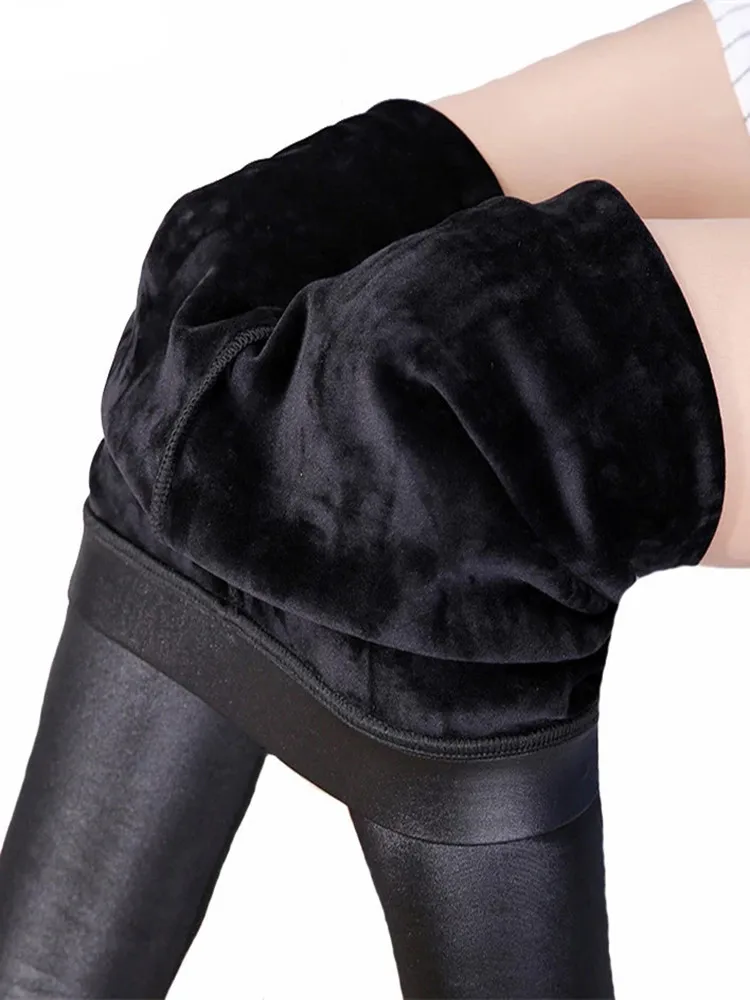YRRETY Women Winter Faux Leather Velvet Warm Pants High Waist Trousers Thick Stretch Fleece Lining Skinny Ankle-Length Pants