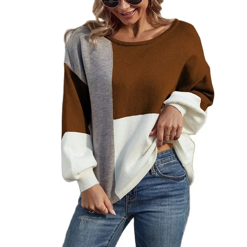 

UCAK 2023 Autumn Winter Fashion Women’s Sweater Contrast Color Pullover Round Neck Low Collar Sweater Back Tie Long Sleeve Tops