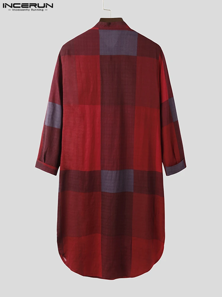 Fashion Plaid Sleep Robes INCERUN Mens Long Sleeve O Neck Nightwear Cotton Pockets Nightgown Cozy Buttons Sleepwear Plus Size 7