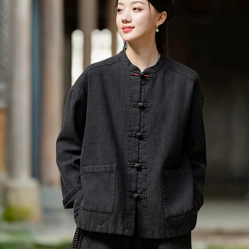 Оригинальное свободное короткое пальто Ramie Sand Fried Color Velvet Inside женское однобортное