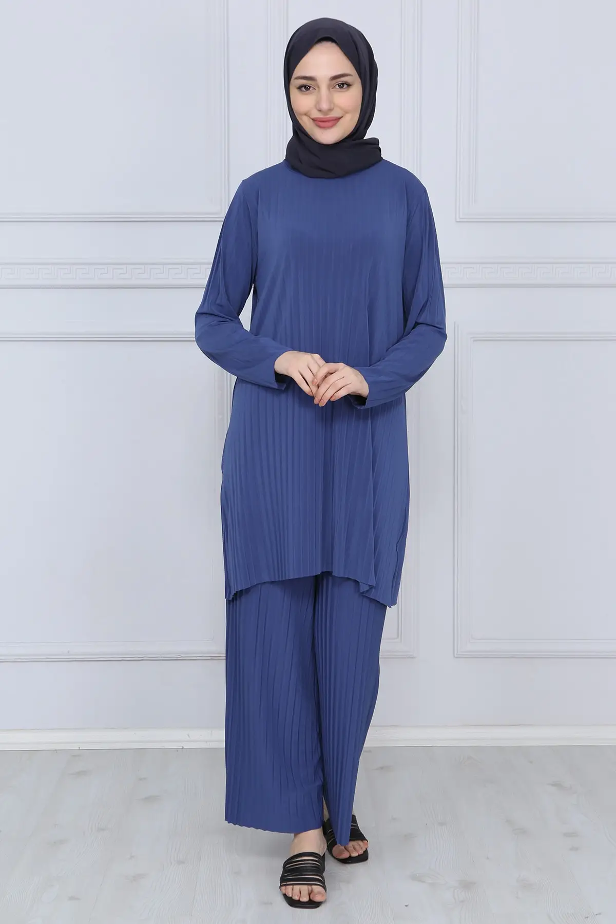 

Women's Indigo Trousers Tunic Piliseli Dual Suit Lycra Long Sleeve Unlined Crew Neckline Casual Casual Stylish Muslim Hijab