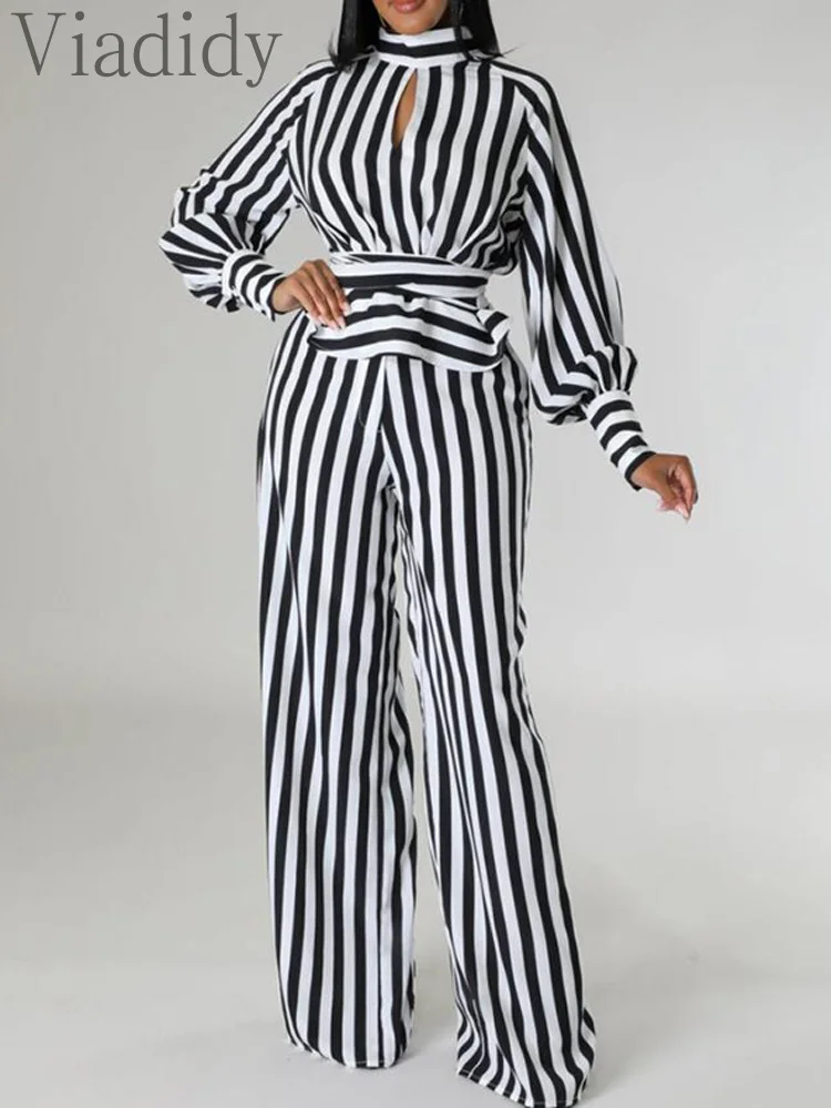 Женский комплект из 2 предметов топ в полоску с рукавами-фонариками и широкие